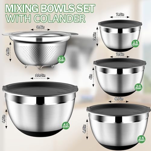 DUTZUN Stainless Steel Mixing Bowls with Lids Set - 4 25 2 15QT Black
