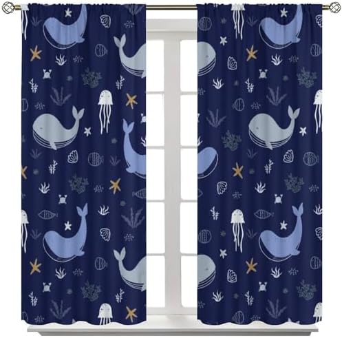 Whale Window Curtains for Kids Cartoon Jellyfish 42x63in 2 Panels