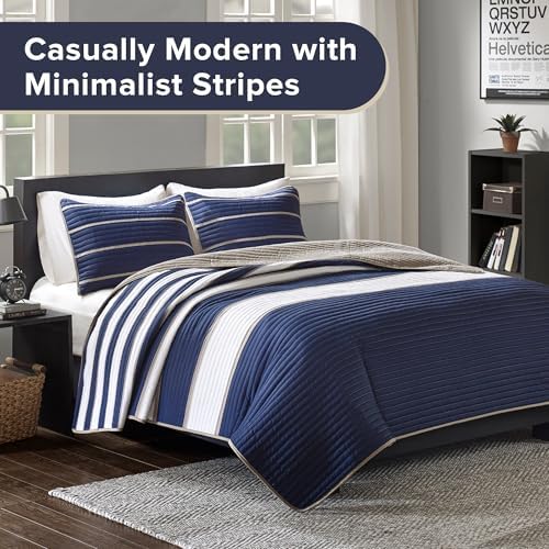 Comfort Spaces Quilt Set Verone White Blue Stripe 3 Piece