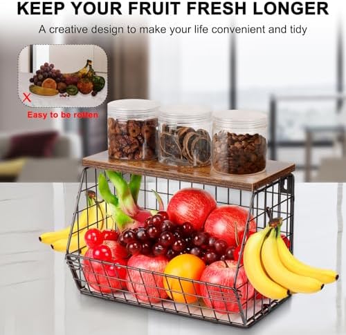 Livabber Metal Fruit Basket with Wood Shelf and 4 S-Hooks