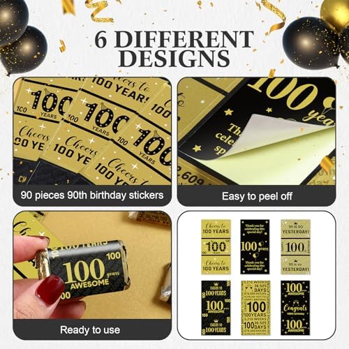 Tenare 90 Pcs 100th Birthday Black and Gold Stickers