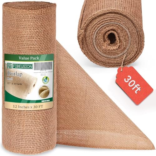 Fibeusion Burlap Table Runner 12x30ft No-Fray Premium Natural Roll