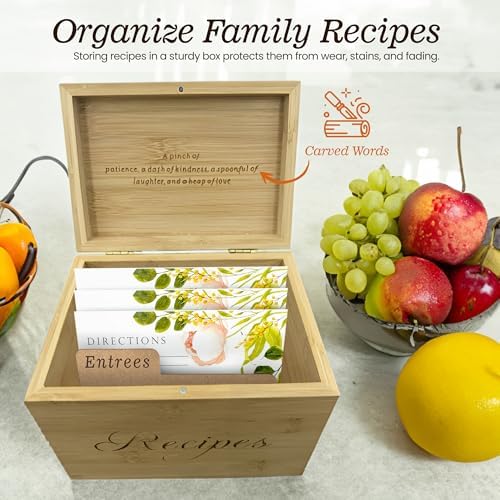 Wooden Recipe Box with 100 Labeled Cards