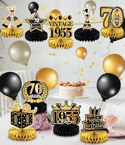 70th Birthday Decorations 9 Pcs Black Gold Honeycomb Centerpieces
