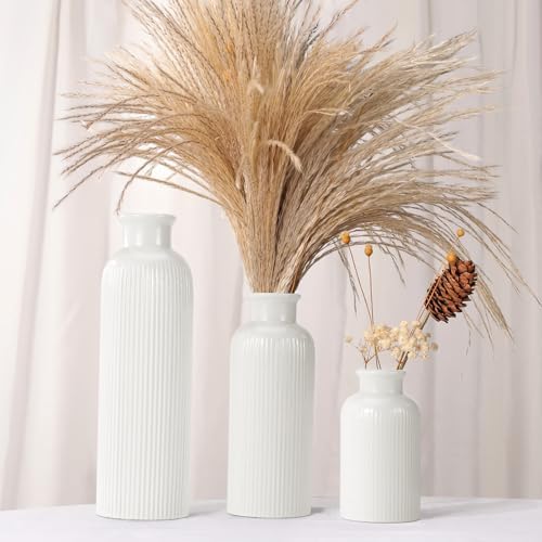 White Ceramic Vase Set of 3 Boho Modern
