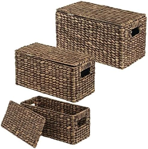 mDesign Woven Water Hyacinth Storage Baskets Set of 3 Dark Brown