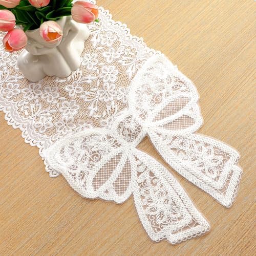 Windkream White Lace Table Runner with Big Bow Ends 12x71 Inch