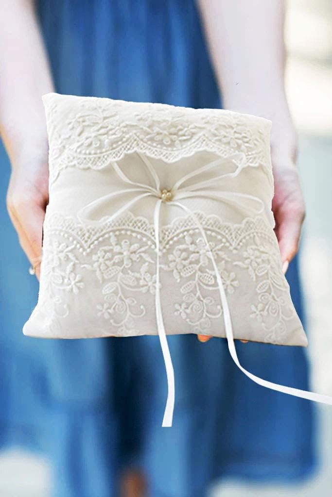 ATAILOVE Wedding Ring Pillow Ivory Lace Pearl Bearer Cushion