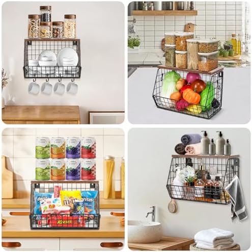 Livabber Metal Fruit Basket with Wood Shelf and 4 S-Hooks