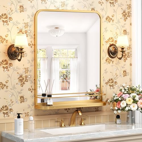 Gold Metal Framed Bathroom Mirror with Shelf