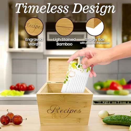 Wooden Recipe Box with 100 Labeled Cards