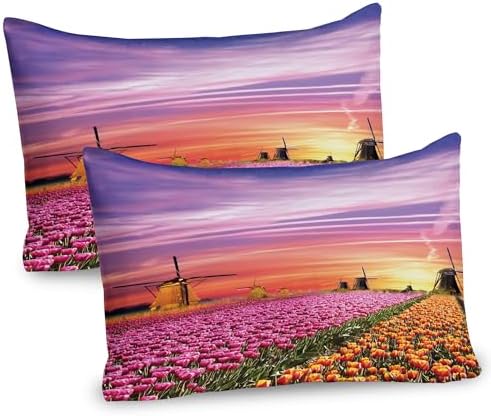 Ambesonne Nature Pillow Sham Set of 2 Tulip Fields Windmills Sunset