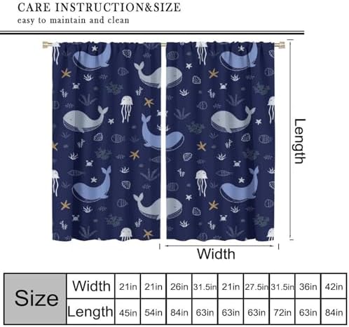 Whale Window Curtains for Kids Cartoon Jellyfish 42x63in 2 Panels
