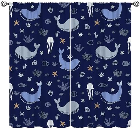 Whale Window Curtains for Kids Cartoon Jellyfish 42x63in 2 Panels