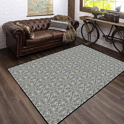 Modern Kids Playroom Dark Blue Denim Rug with Ornate Floral Design