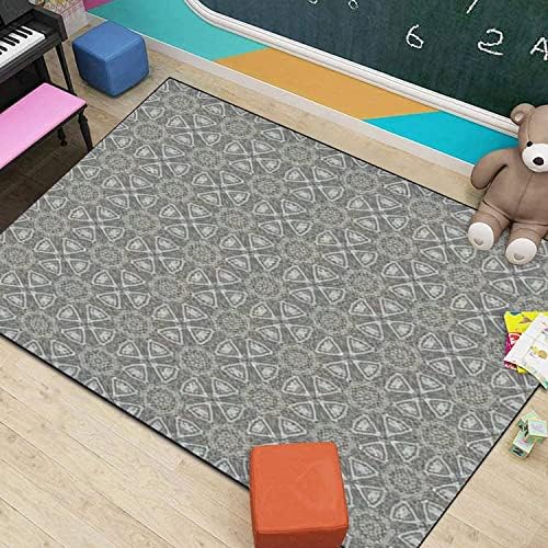 Modern Kids Playroom Dark Blue Denim Rug with Ornate Floral Design