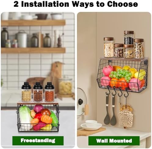 Livabber Metal Fruit Basket with Wood Shelf and 4 S-Hooks