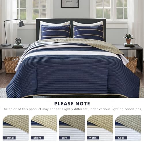 Comfort Spaces Quilt Set Verone White Blue Stripe 3 Piece