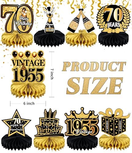 70th Birthday Decorations 9 Pcs Black Gold Honeycomb Centerpieces