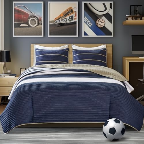 Comfort Spaces Quilt Set Verone White Blue Stripe 3 Piece