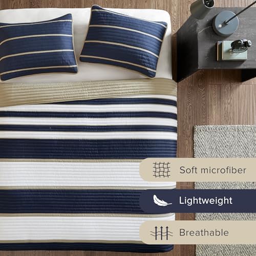 Comfort Spaces Quilt Set Verone White Blue Stripe 3 Piece