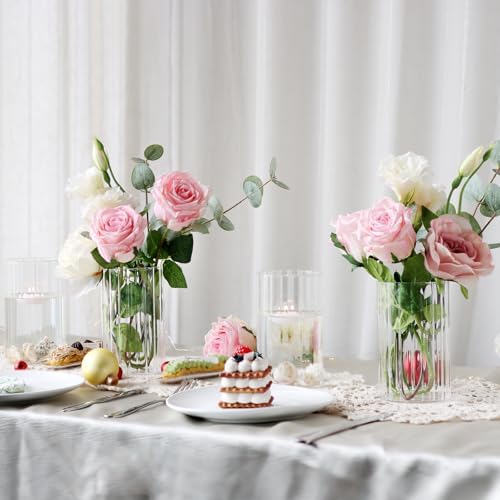 12Pcs Clear Ribbed Glass Cylinder Vases for Centerpieces