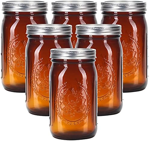 Eleganttime Amber Glass Mason Jars 32 Oz 6 Pack