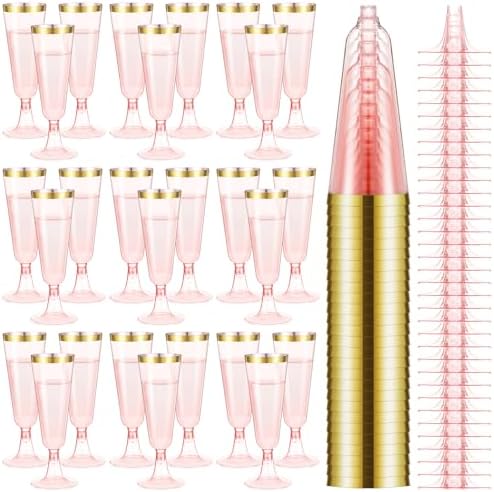 Dandat 100 Pcs Pink Plastic Champagne Flutes with Gold Rim