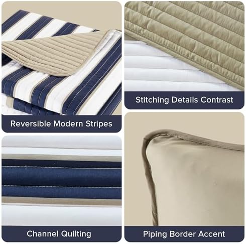 Comfort Spaces Quilt Set Verone White Blue Stripe 3 Piece