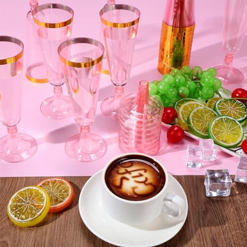 Dandat 100 Pcs Pink Plastic Champagne Flutes with Gold Rim