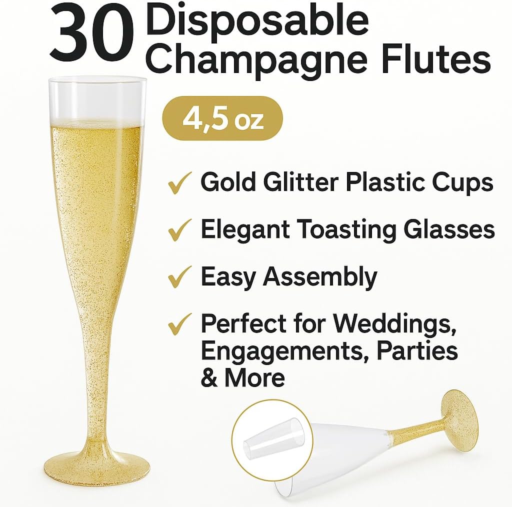 30 Disposable Champagne Flutes - Gold Glitter Plastic for Parties