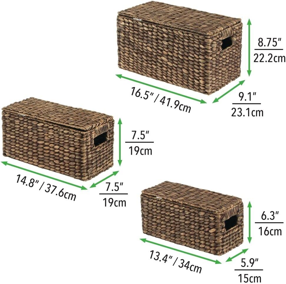 mDesign Woven Water Hyacinth Storage Baskets Set of 3 Dark Brown