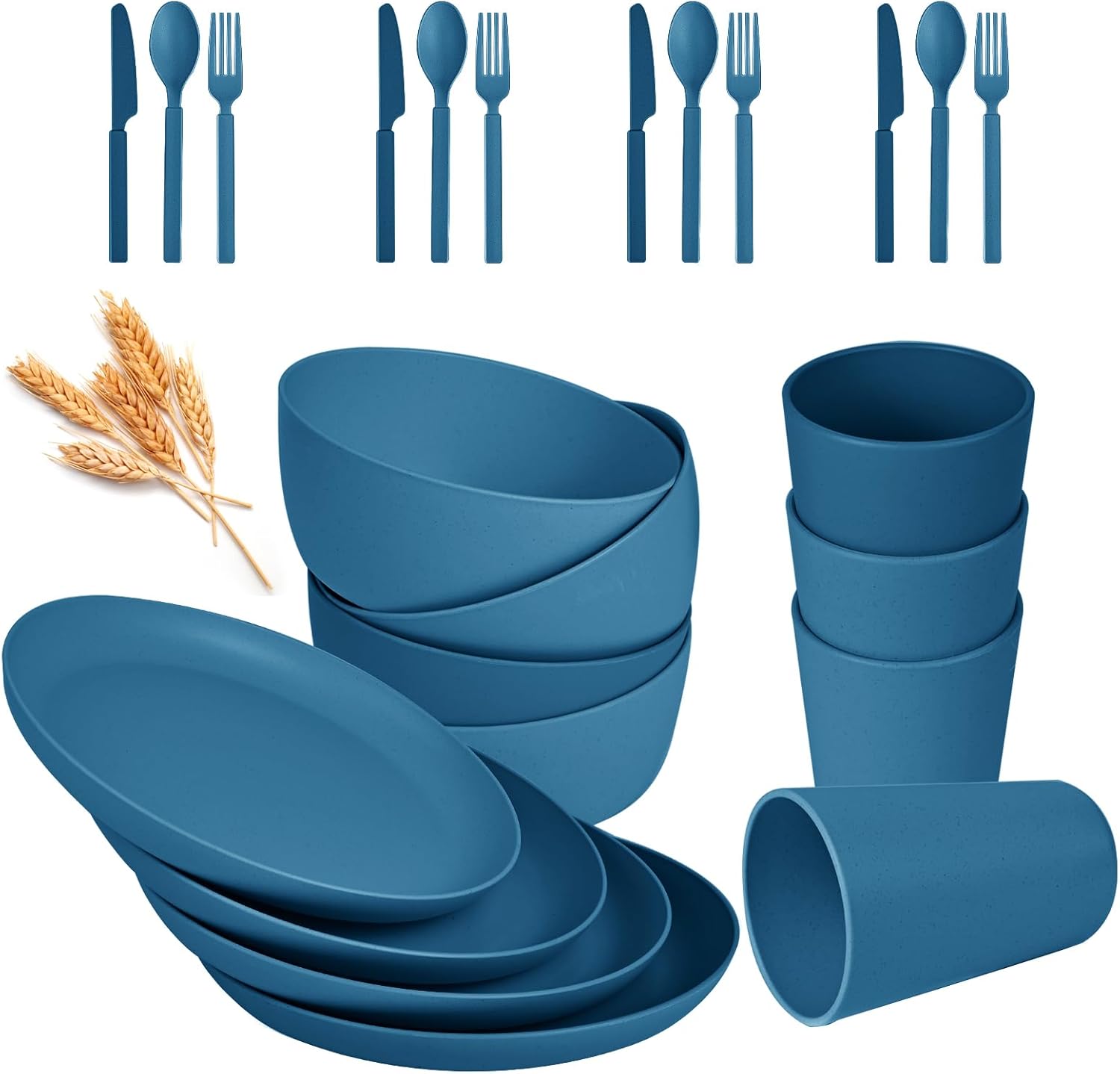 24pcs Wheat Straw Dinnerware Set for 4 Blue