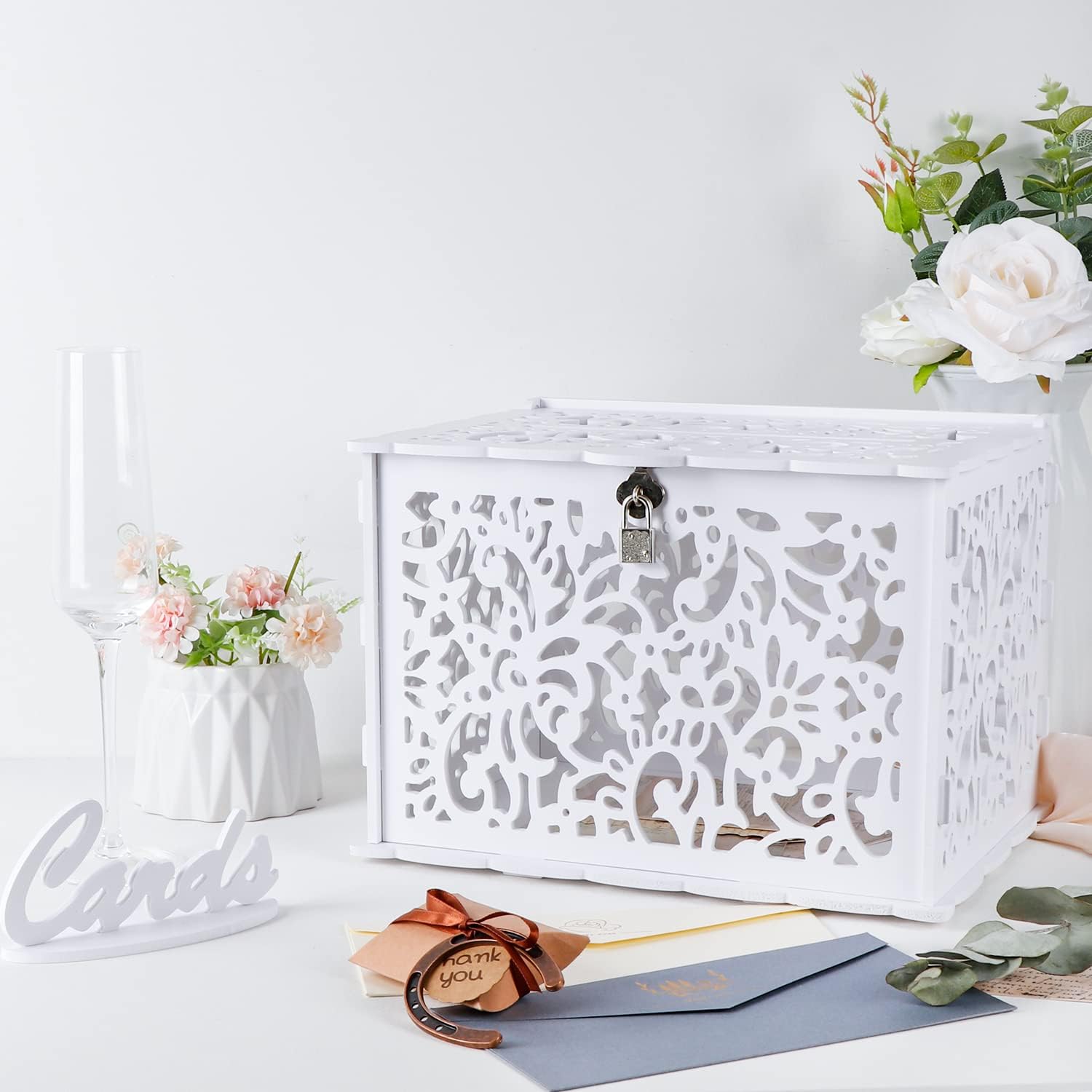 OurWarm White Wedding Card Box with Lock