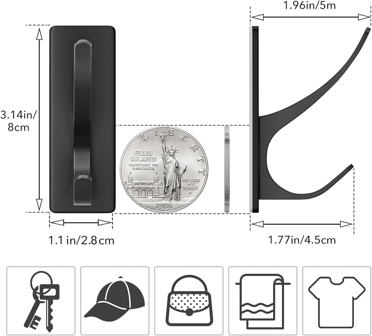 Self Adhesive Coat Hooks Heavy Duty Stainless 4-Pack Matt Black