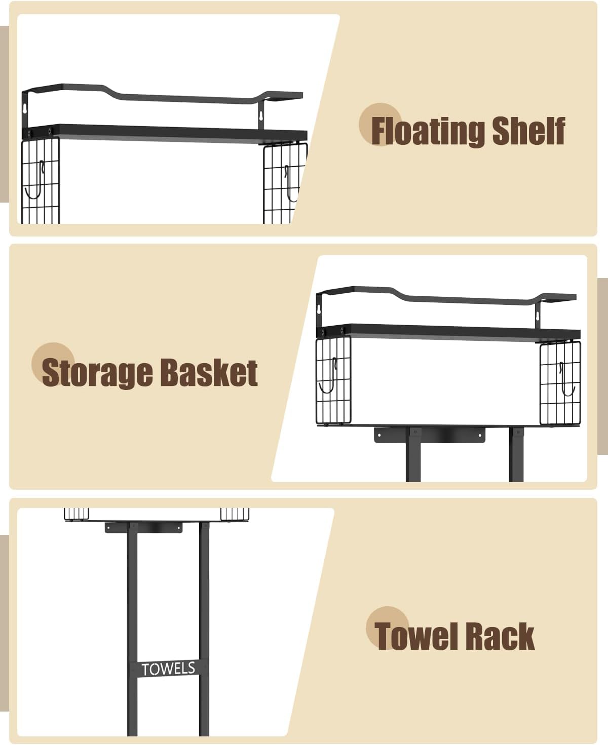 Sturdy Metal Towel Rack with Wood Shelf - All Black