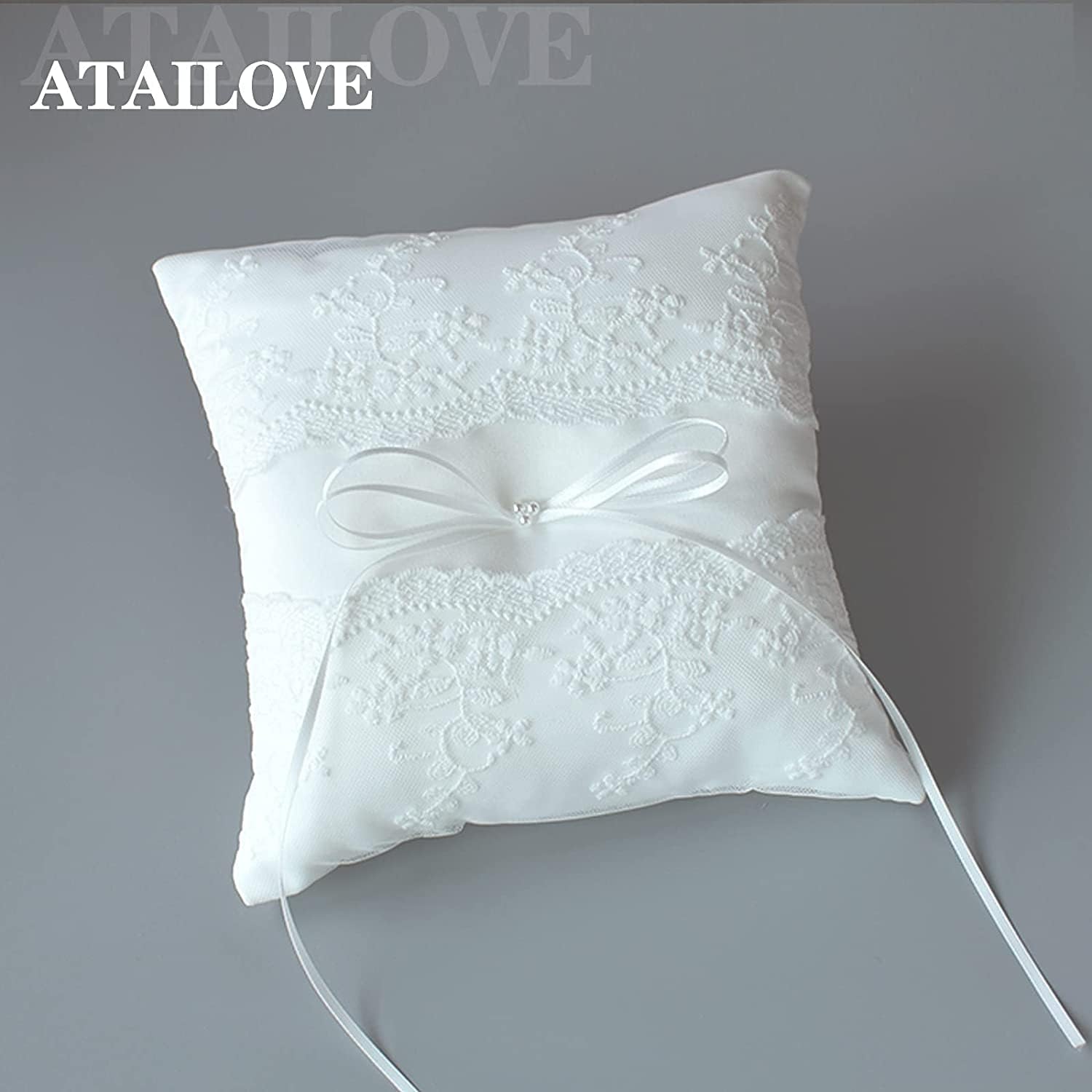 ATAILOVE Wedding Ring Pillow Ivory Lace Pearl Bearer Cushion