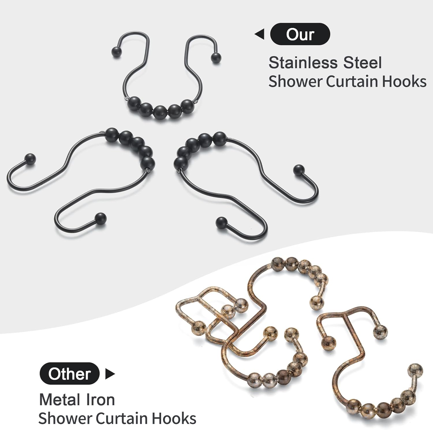 Goowin 12Pcs Stainless Steel Black Shower Curtain Rings with Double Hooks