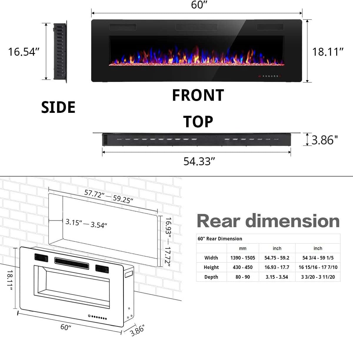 RWFLAME 60 Inch Electric Fireplace with Remote Control and Touch Screen