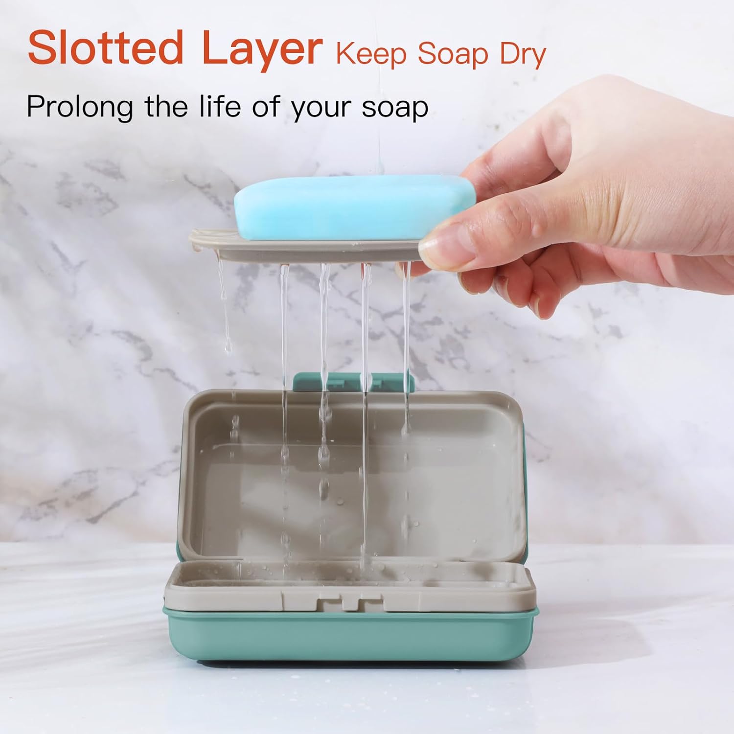 Quatish Bar Soap Holder Dish with Lid - Leakproof Blue