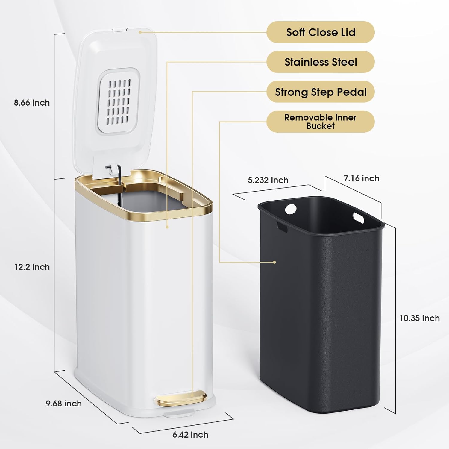 CEROELDA 5L Slim Metal Trash Can with Soft Close Lid - White