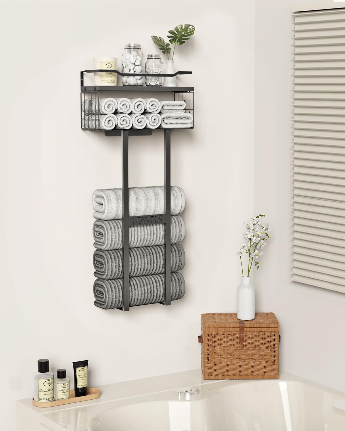 Sturdy Metal Towel Rack with Wood Shelf - All Black