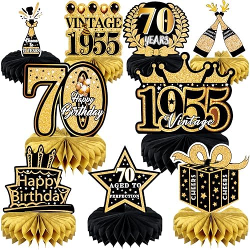 70th Birthday Decorations 9 Pcs Black Gold Honeycomb Centerpieces