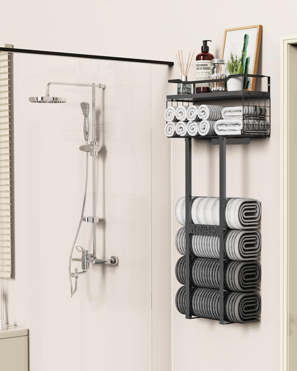 Sturdy Metal Towel Rack with Wood Shelf - All Black