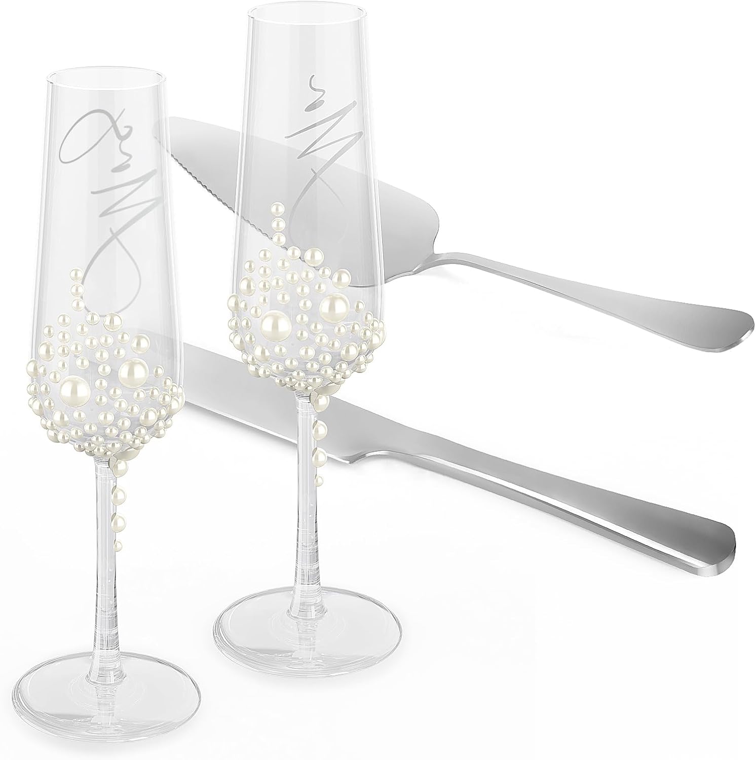 Mr And Mrs Champagne Flutes With Pearls Wedding Set