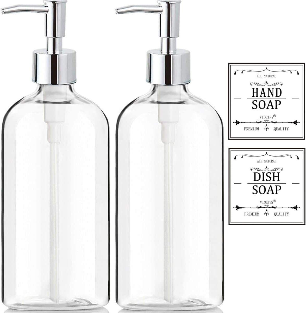 Elegant Clear Soap Dispenser with Rust Proof Pump 2 Pack