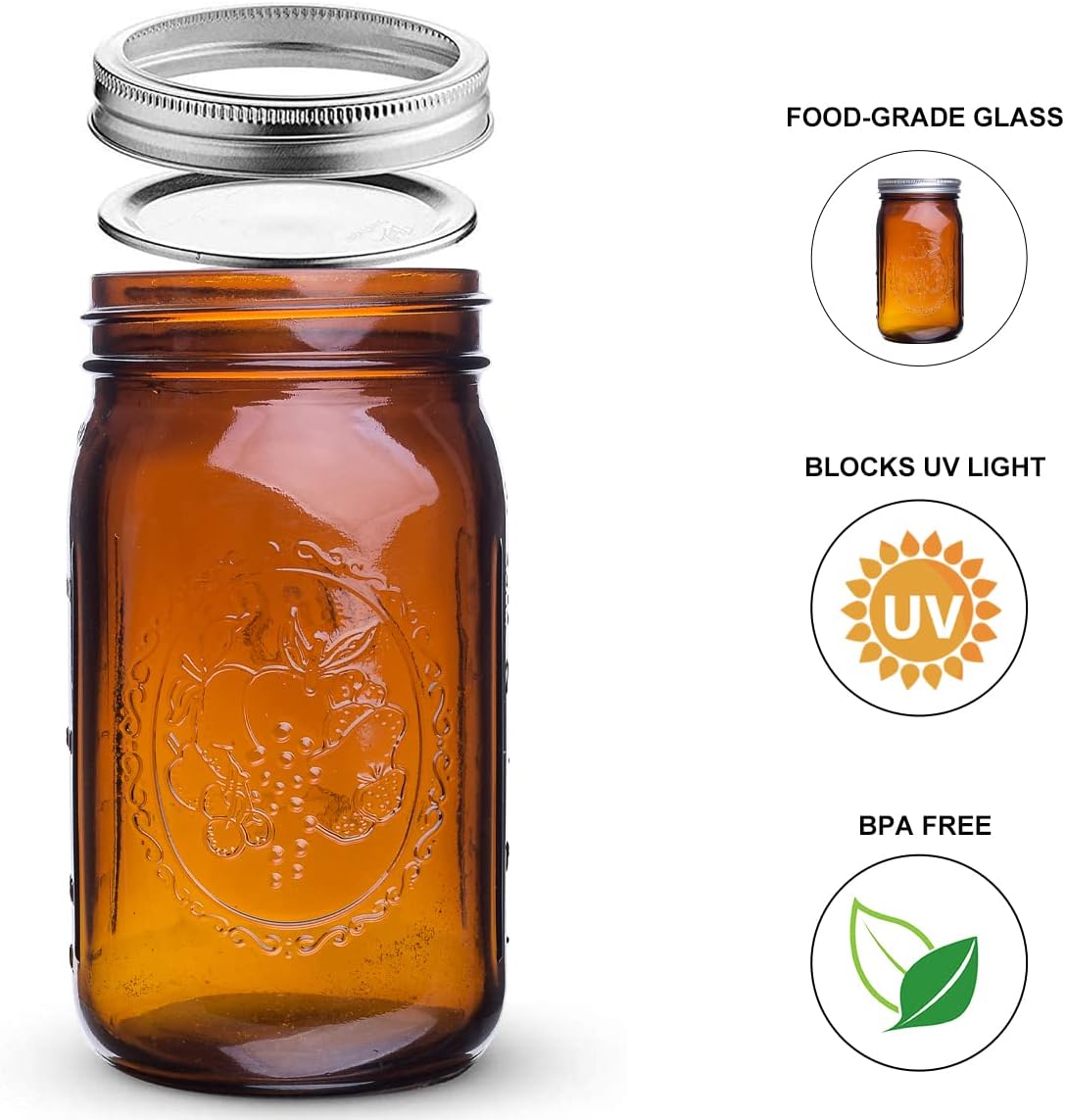 Eleganttime Amber Glass Mason Jars 32 Oz 6 Pack
