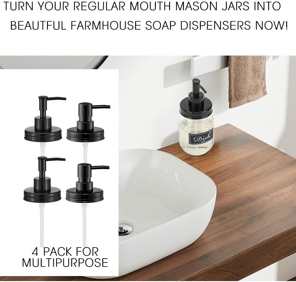 Regular Mouth Mason Jar Soap Dispenser Pumps and Lids 4 Pack