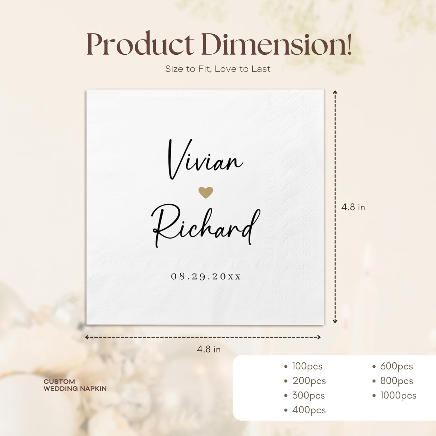 100 Pcs Custom Cocktail Napkins for Weddings and Parties