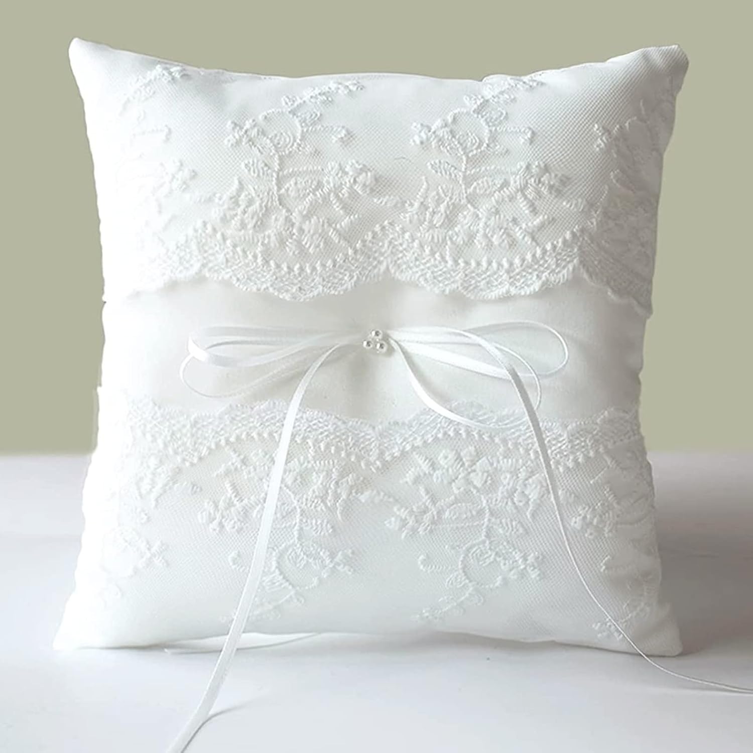 ATAILOVE Wedding Ring Pillow Ivory Lace Pearl Bearer Cushion